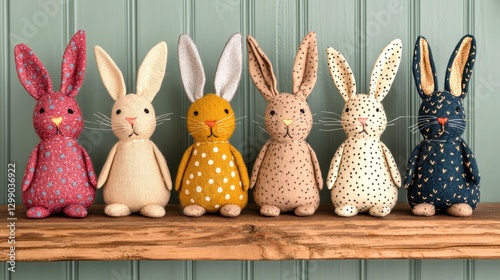 A colorful array of handcrafted bunny plush toys lined up on a wooden shelf against a pastel green backdrop.