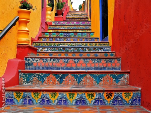 In Guanajuato, Mexico, the historic city center features colorful buildings and animated street art, with winding stairs and alleys crisscrossing the lively urban landscape photo