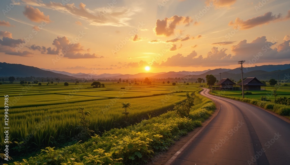 Obraz premium Sunset over lush rice fields rural landscape nature photography peaceful environment wide-angle view serenity concept