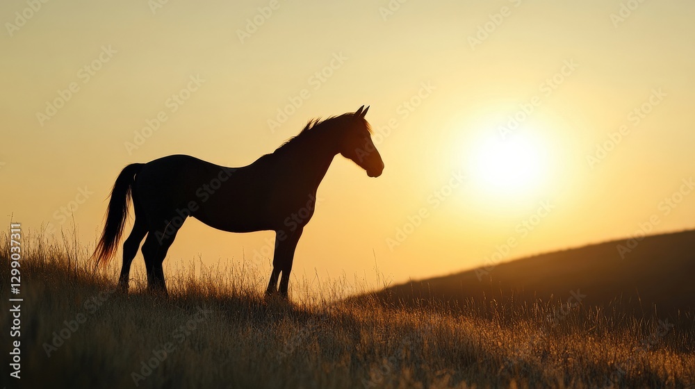 Lone Horse Silhouette on Hill with Golden Sunrise Background Lone Horse Silhouette on Hill with Golden Sunrise Background