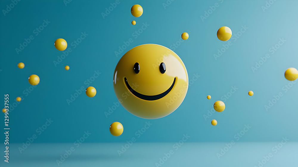 Fototapeta premium Floating Yellow Smiley Face with Smaller Spheres on Turquoise Backdrop