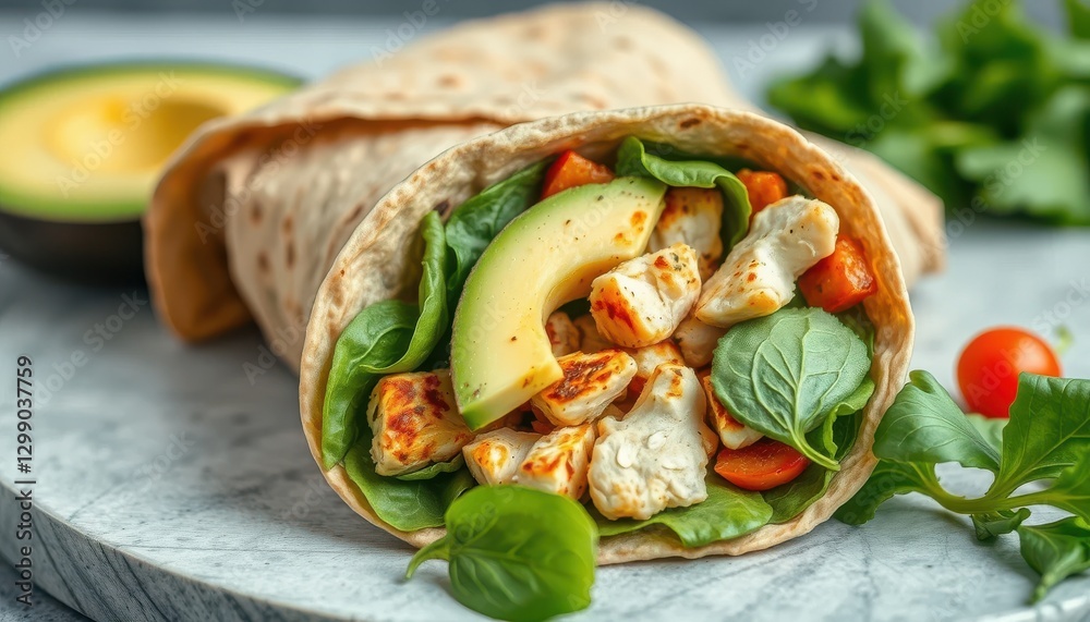 Delicious chicken avocado wrap recipe kitchen food photography home setting close-up healthy eating Delicious chicken avocado wrap recipe kitchen food photography home setting close-up healthy eating