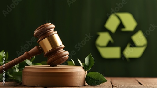 Wooden gavel and recycling symbol represent justice and environmental responsibility in a courtroom setting