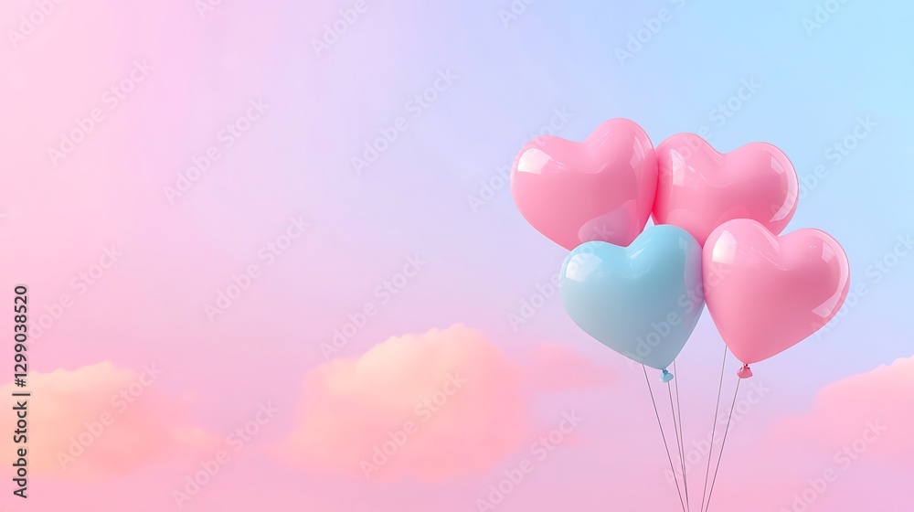 Colorful Heart-Shaped Balloons Floating Against a Soft Pastel Sky at Sunset Colorful Heart-Shaped Balloons Floating Against a Soft Pastel Sky at Sunset