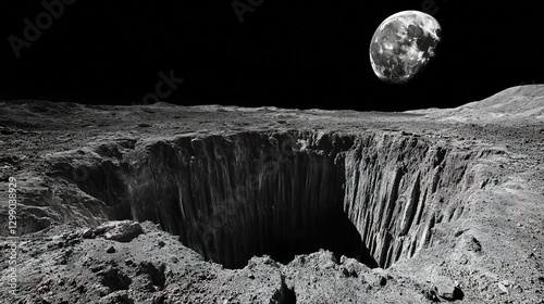 Massive lunar crater with dual canyons, showcasing asteroid impact's geological transformation.