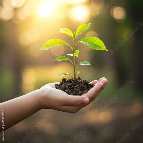 little plant in a children's palm. environment Earth Day In the hands of trees growing seedlings. Bokeh Background Female hand holding small tree.