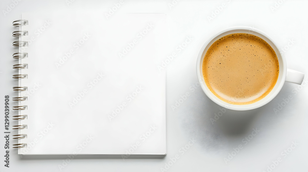 White Notebook And Coffee Cup On White Desk In A Minimalist Flat Lay Composition White Notebook And Coffee Cup On White Desk In A Minimalist Flat Lay Composition