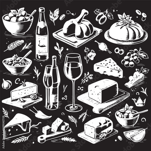 chalk food vector illustrations. wedding dinner icons, wine or champagne glasses, cheese, and charcuterie drawings for wedding invitations, cafe menus, and parties.
