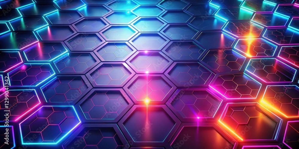 Abstract Hexagonal Pattern with Vibrant Neon Lights Illuminating a Futuristic Surface Abstract Hexagonal Pattern with Vibrant Neon Lights Illuminating a Futuristic Surface