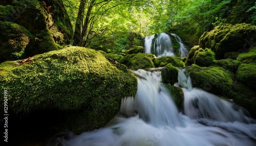 A serene waterfall cascading down moss-covered rocks in a lush green forest.
