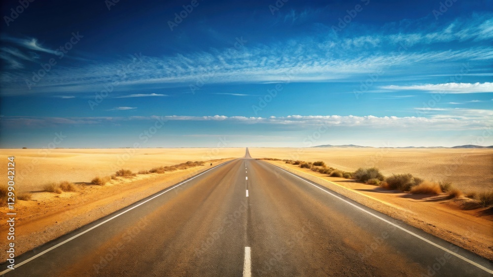 Naklejka premium Endless Asphalt Ribbon Through Sun-Drenched Desert Landscape Under a Vast Azure Sky