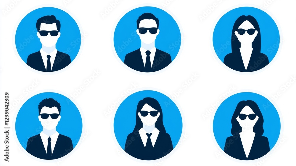 Eight faceless business avatars, dressed in dark professional clothing and wearing sunglasses, positioned against a blue circular background to create a sleek aesthetic Eight faceless business avatars, dressed in dark professional clothing and wearing sunglasses, positioned against a blue circular background to create a sleek aesthetic