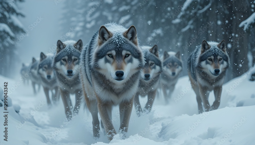 Pack of wild wolves running through deep snow in winter forest with snowfall, strong alpha leading the pack Pack of wild wolves running through deep snow in winter forest with snowfall, strong alpha leading the pack