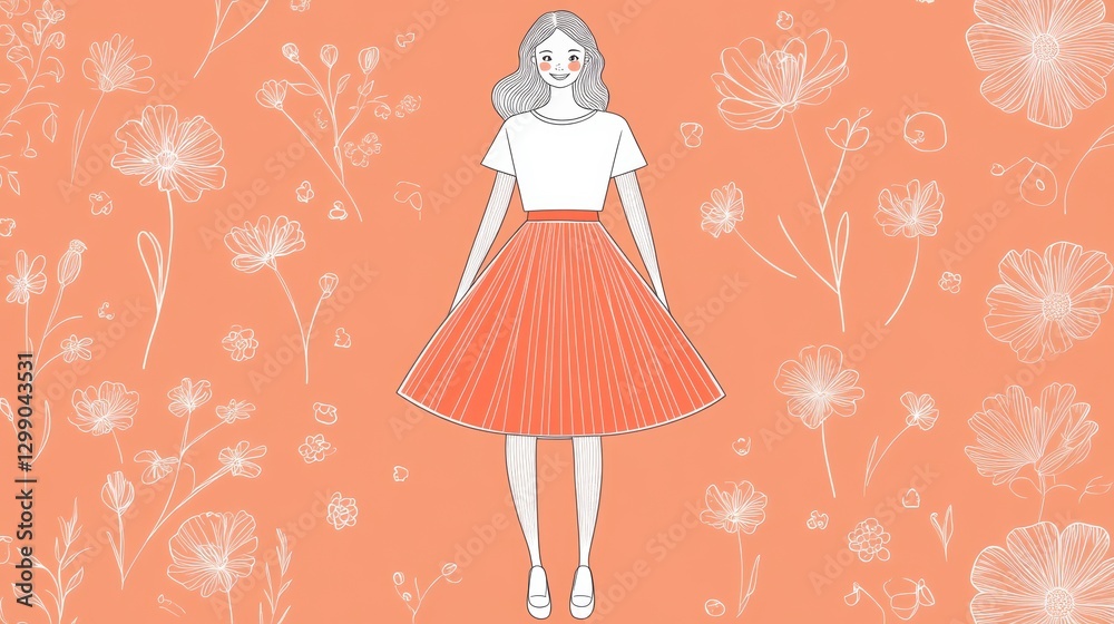 A charming girl with long, dark, flowing hair, in a red skirt and white top, depicted on a warm coral background with floral embellishments A charming girl with long, dark, flowing hair, in a red skirt and white top, depicted on a warm coral background with floral embellishments