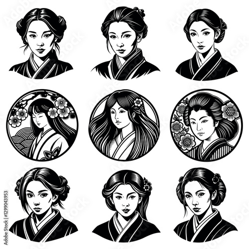 set of vector portraits of girls of Asian appearance