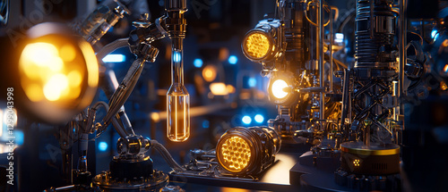 Steampunk laboratory: illuminated glassware and intricate metallic apparatus photo