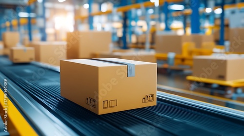 Box on Conveyor Belt in Modern Warehouse with Soft Focus Background and Warm Lighting Effects