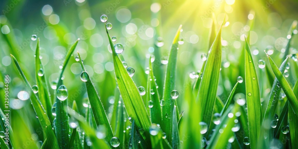 Fototapeta premium Vibrant Green Blades of Grass Adorned with Sparkling Morning Dew Drops Basking in the Warm Golden Sunlight