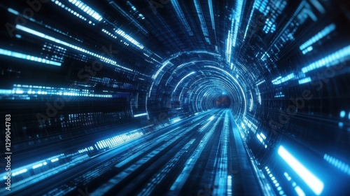 Blue digital speed tunnel lights, abstract tech background.