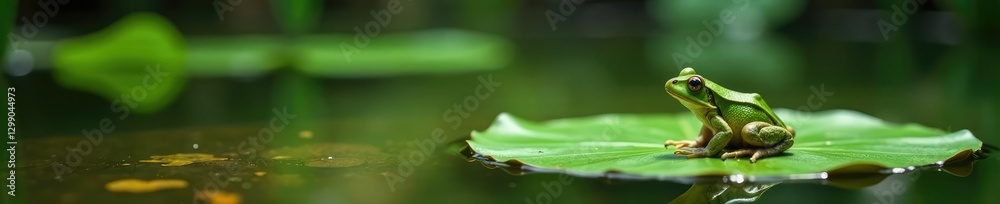 A frog perches on a lily pad in the murky swamp water, wildlife, aquatic life A frog perches on a lily pad in the murky swamp water, wildlife, aquatic life