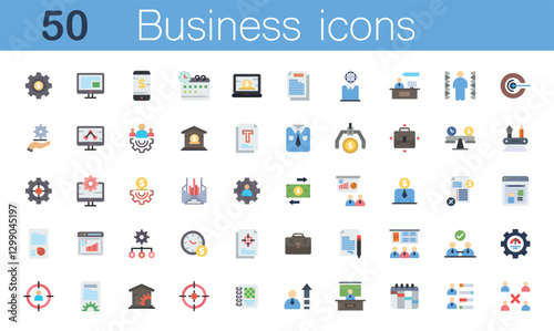 Set of 50 color icons of business or organization management. Contains strategy, marketing, business, planning, training, employee icons, goals, achievements, settings, presentation. Vector