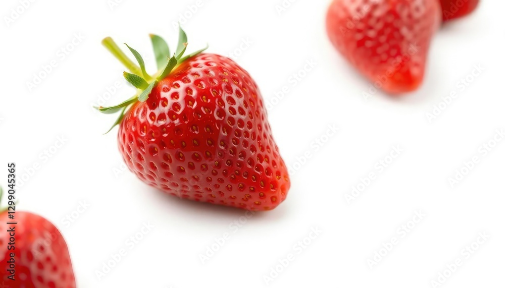 A single ripe strawberry, vibrant red, glossy skin, isolated on pure white, closeup, studio shot A single ripe strawberry, vibrant red, glossy skin, isolated on pure white, closeup, studio shot