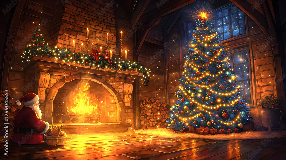 Obraz premium Festive Christmas Interior Scene with Decorated Tree Fireplace and Glowing Lights