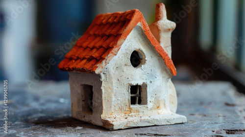 Charming Miniature Clay House with Red Roof on Rustic Surface in Soft Natural Light
