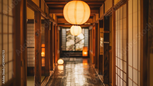 Traditional Japanese Ryokan Interior with Wooden Architecture and Soft Ambient Lighting
