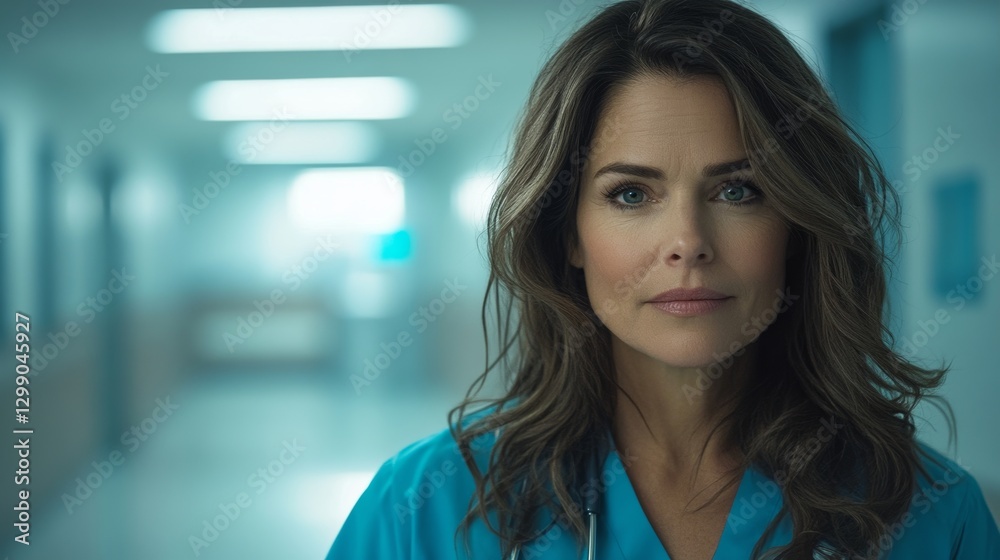 In a brightly lit hospital hallway, a poised young female nurse, dressed in blue scrubs, stands with a composed and professional demeanor In a brightly lit hospital hallway, a poised young female nurse, dressed in blue scrubs, stands with a composed and professional demeanor