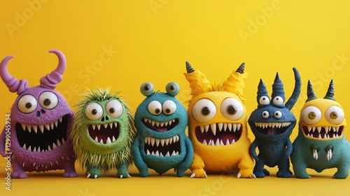 Colorful Funny Monsters 3D Illustration for Children's Book Cover Design on Yellow Background