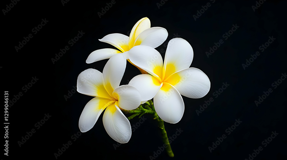 Naklejka premium Three White Plumeria Flowers with Yellow Centers on Black Background
