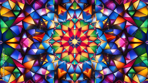 Multicolored kaleidoscope design, geometric shapes and symmetrical designs ideal for abstract art or creative visuals