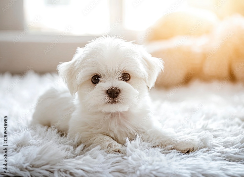 Cute white Maltese puppy playing on a fluffy carpet, close-up portrait, front view, stock photo, simple composition, feminine, sunny light background.