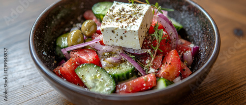 Fresh Greek salad with feta cheese, olives, cucumbers, tomatoes, and red onion photo