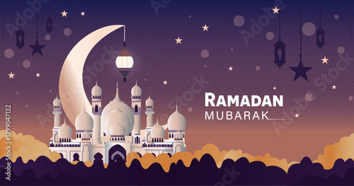 Ramadan Mubarak Nights. Ramadan Kareem islamic greeting card design Banner poster for celebrate cards set. Ramadan holiday invitations templates with star, moon, lantern, mosque vector illustration