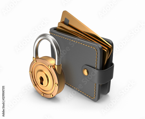 Wallet with cards and lock on white background, safe wallet
