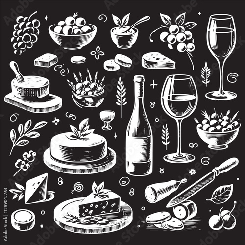 chalk food vector illustrations. wedding dinner icons, wine or champagne glasses, cheese, and charcuterie drawings for wedding invitations, cafe menus, and parties.