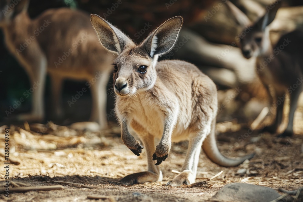 Cute joey exploring with parents in the background. The little one looks curious and ready to discover its surroundings. Cute joey exploring with parents in the background. The little one looks curious and ready to discover its surroundings.