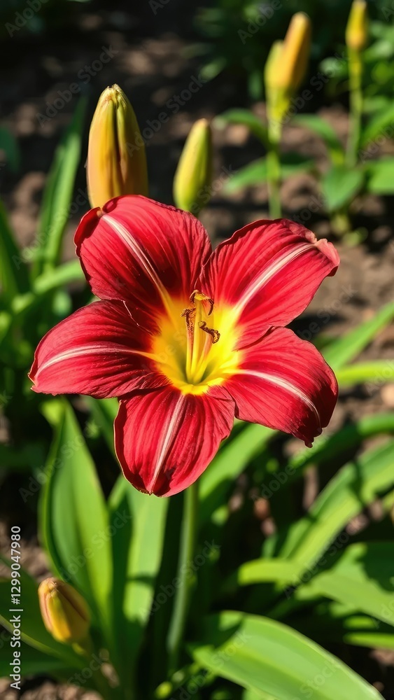 Blooming Little Wine Cup daylily in a shaded area, plant photography, shade-loving plants Blooming Little Wine Cup daylily in a shaded area, plant photography, shade-loving plants