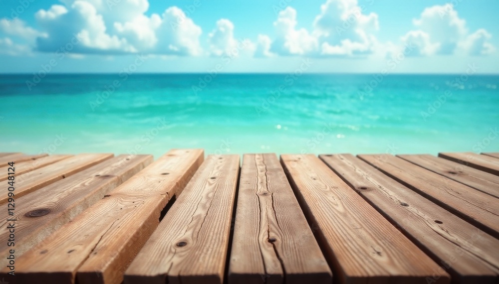 Weathered wooden planks, blurred ocean backdrop, seascape, element, dock Weathered wooden planks, blurred ocean backdrop, seascape, element, dock
