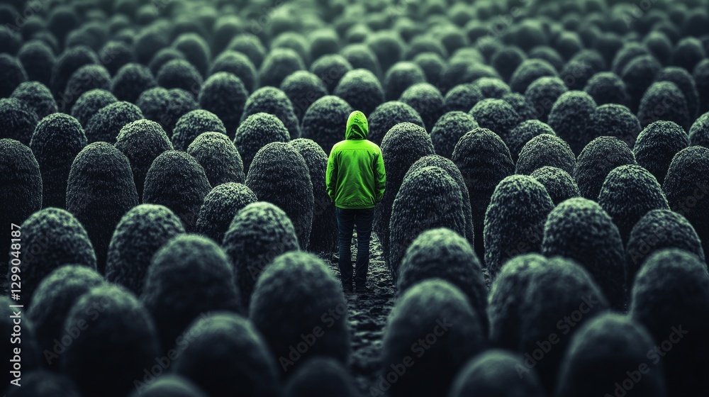 Obraz premium A man donning a vivid green jacket becomes the focal point in a group of people dressed in grayscale, all facing away, forming a powerful contrast and symbolic imagery