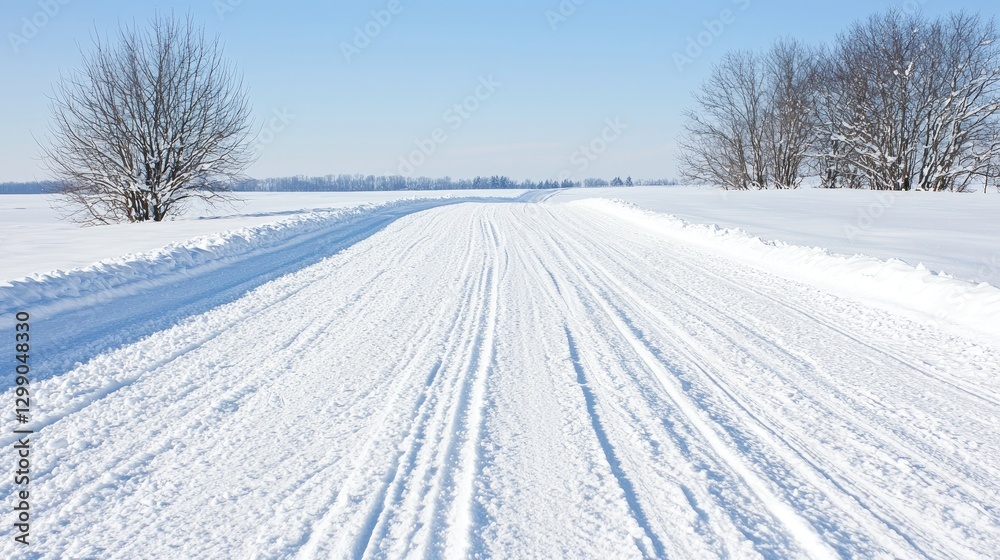 Snow-covered country road under clear sky. Possible use Stock photo for winter scenes, travel brochures, or nature documentaries Snow-covered country road under clear sky. Possible use Stock photo for winter scenes, travel brochures, or nature documentaries