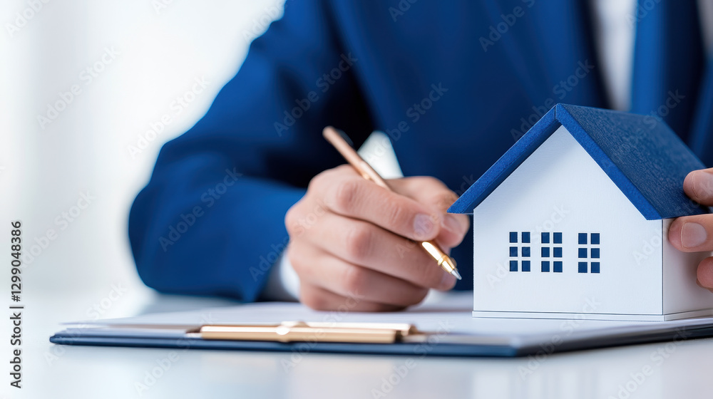 Fototapeta premium legal professional reviewing property inheritance documents with model house