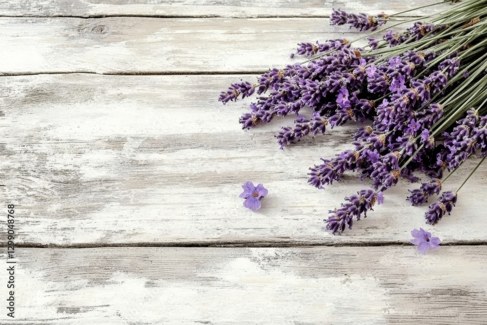 Obraz premium A rustic table adorned with a bunch of lavender flowers. 