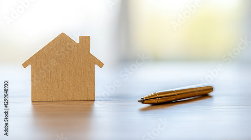wooden house model and pen on table, symbolizing homeownership