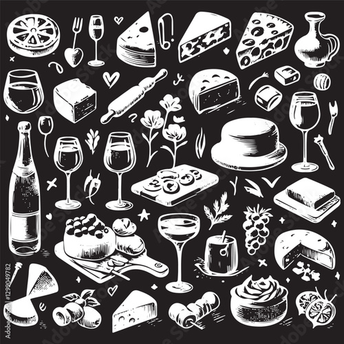 chalk food vector illustrations. wedding dinner icons, wine or champagne glasses, cheese, and charcuterie drawings for wedding invitations, cafe menus, and parties.
