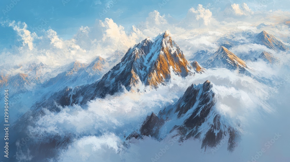 Fototapeta premium Majestic mountain peaks pierce clouds, sunrise view
