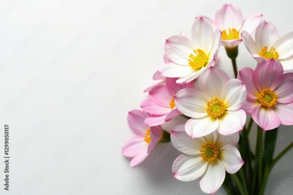 Fototapeta premium Freesia flowers in a loose bouquet on a soft white background with subtle grey undertones, naturalistic, whimsical, florals