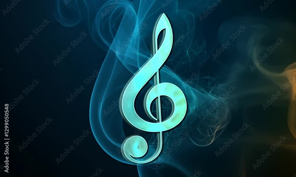 Treble clef emits swirls of color against a dark, smoky, abstract background with dreamy vibes
